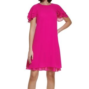 Jessica Howard Womens Size 16 Tiered Chiffon Dress Fuchsia Pink Short Sleeves